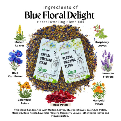 Ingredients of Blue Floral Delight Herbal Smoking Blend Mix with packaging and floral elements.