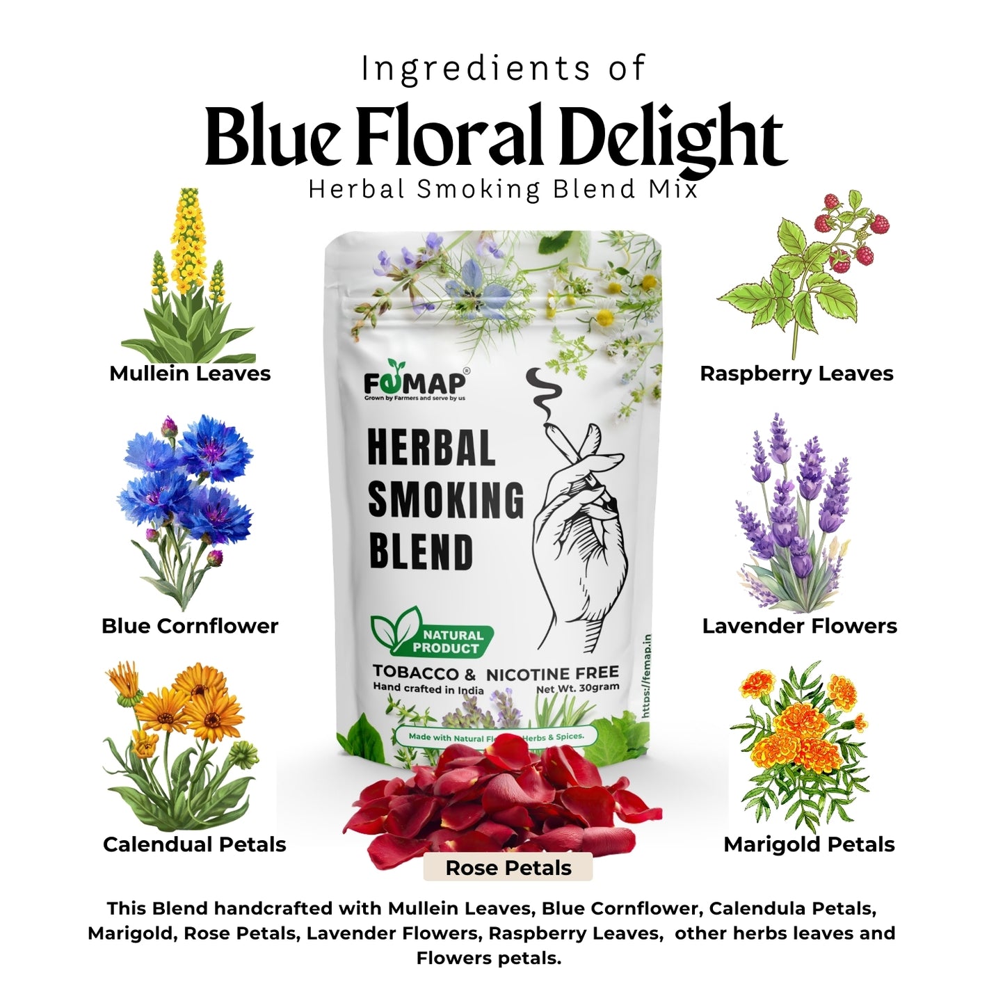 FEMAP Herbal Smoking Blend packaging with illustrations of ingredients on a white background