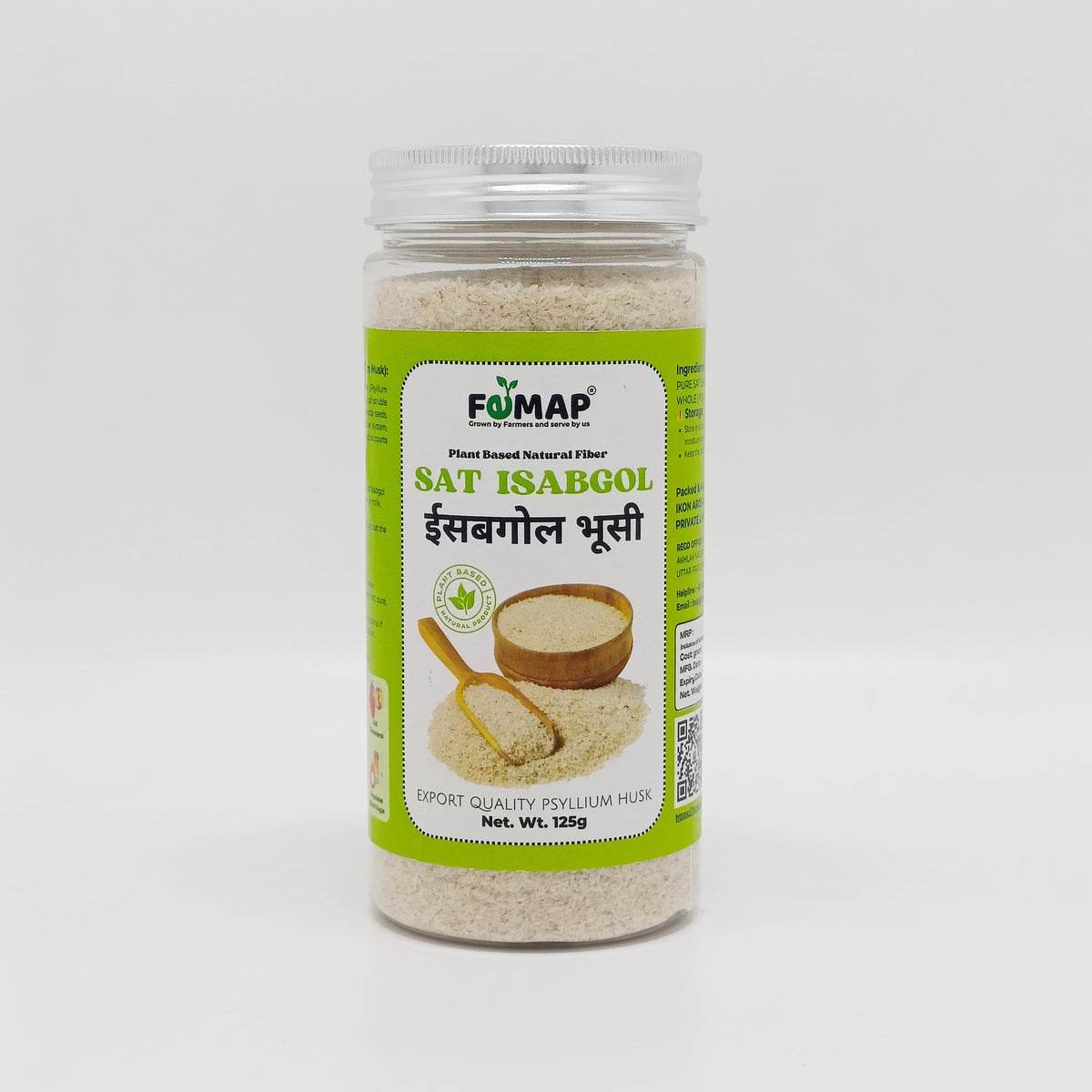 Jar of Sat Isabgol with FUMAP branding on a white background