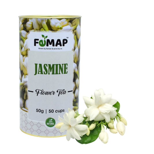 A cylindrical tin container labeled 'JASMINE Flower Tea' by FEMAP with a weight indication of 50g and a quantity claim of 50 cups. There is also an image of fresh jasmine flowers and a cup of jasmine tea.