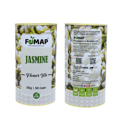 Back label of FMAP Jasmine Flower Tea – packaging, contact info, certifications