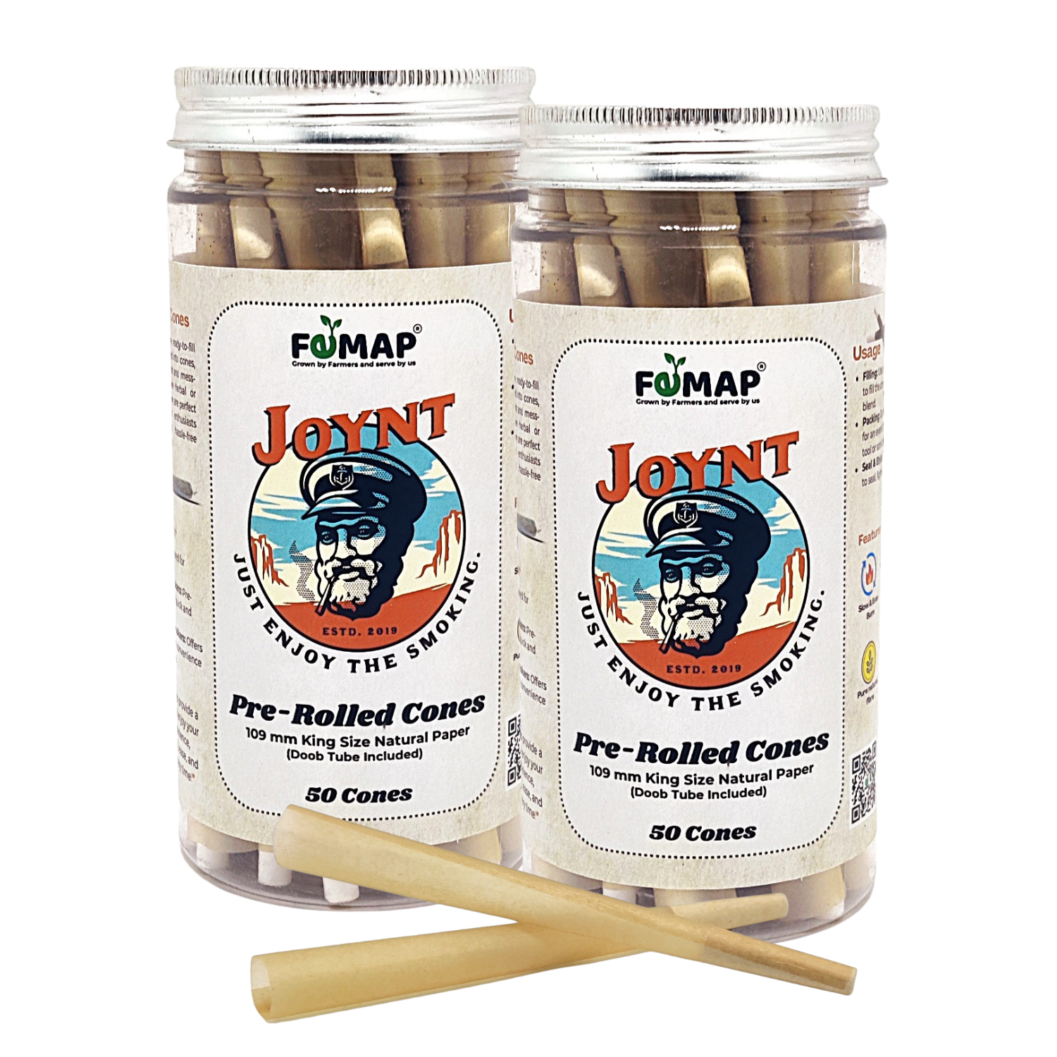 Two jars of FEMAP JOYNT pre-rolled cones with a stick on a white background