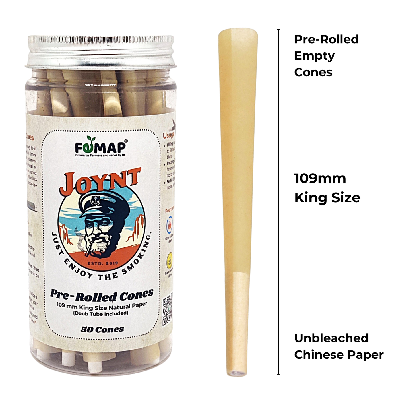 Jar of FEMAP JOYNT pre-rolled cones with a wooden rolling tool on a white background