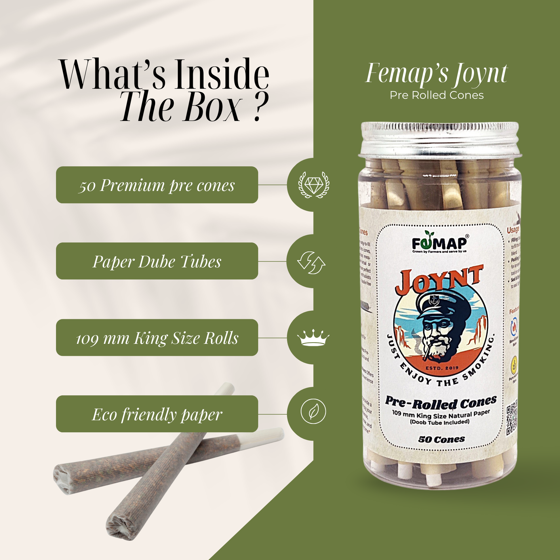 Femap's Joynt pre-rolled cones packaging with product details on a green and white background