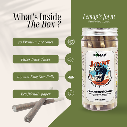 Femap's Joynt pre-rolled cones packaging with product details on a green and white background