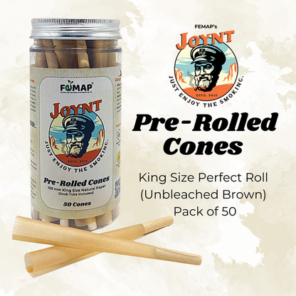 Jar of FEMAP's JOYNT pre-rolled cones with packaging and cones on a light background