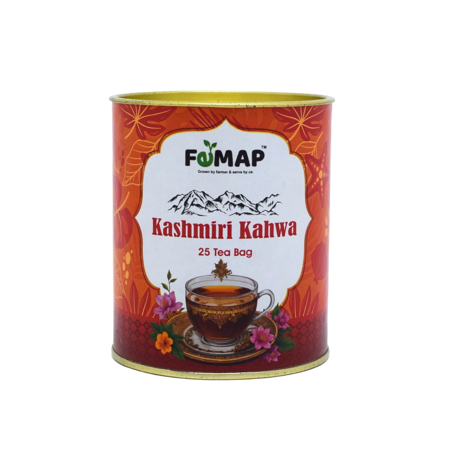 Femap kashmiri kahwa 25 tea bag box with kahwa cup and himalayan region.