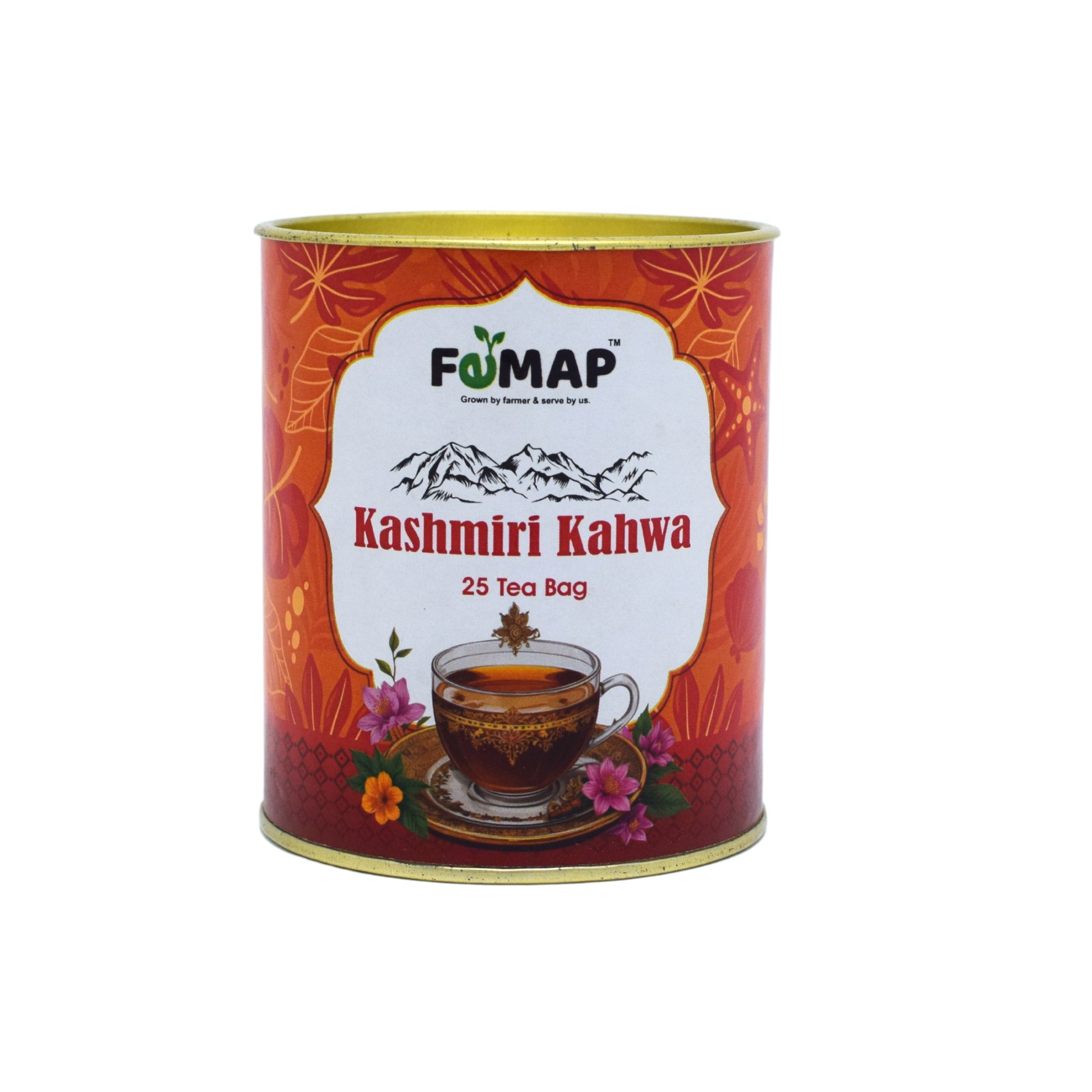 Femap kashmiri kahwa 25 tea bag box with kahwa cup and himalayan region.