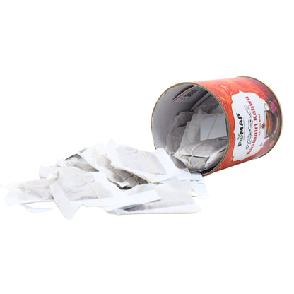 FEMAP Kashmiri Kahwa tin tilted with multiple tea bags spilling out, showcasing packaging quantity