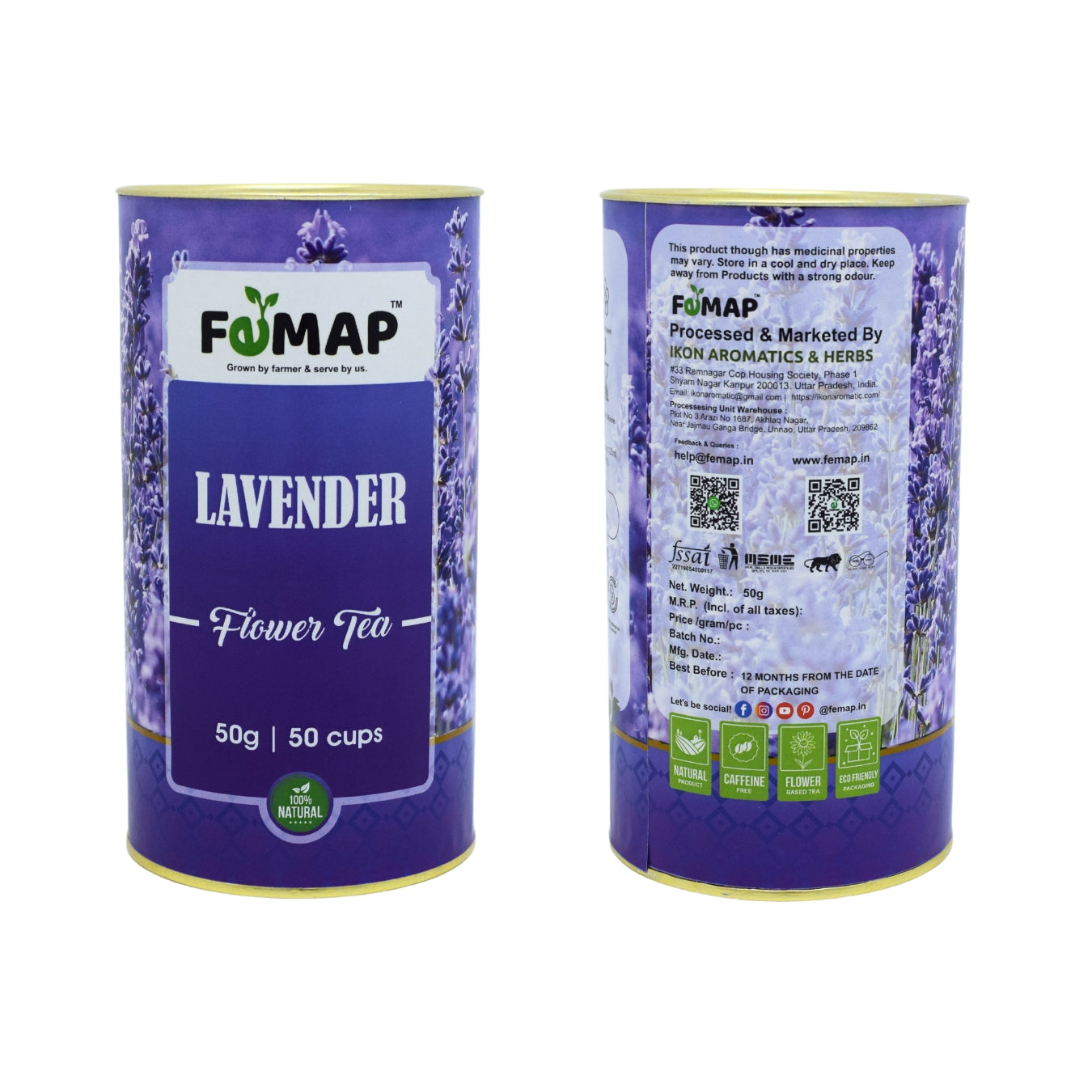 Femap Lavender Flower Tea 50g front and back packaging – 100% natural herbal tea by Ikon Aromatics & Herbs