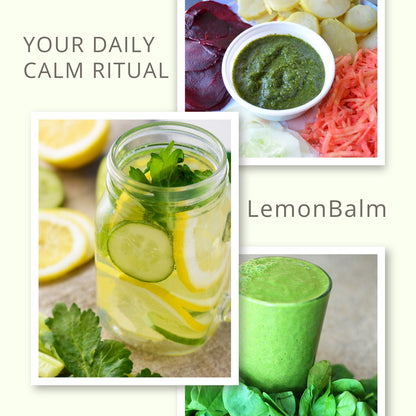 Collage of green-themed images including lemon water, smoothie, and vegetables with 'LemonBalm' text.