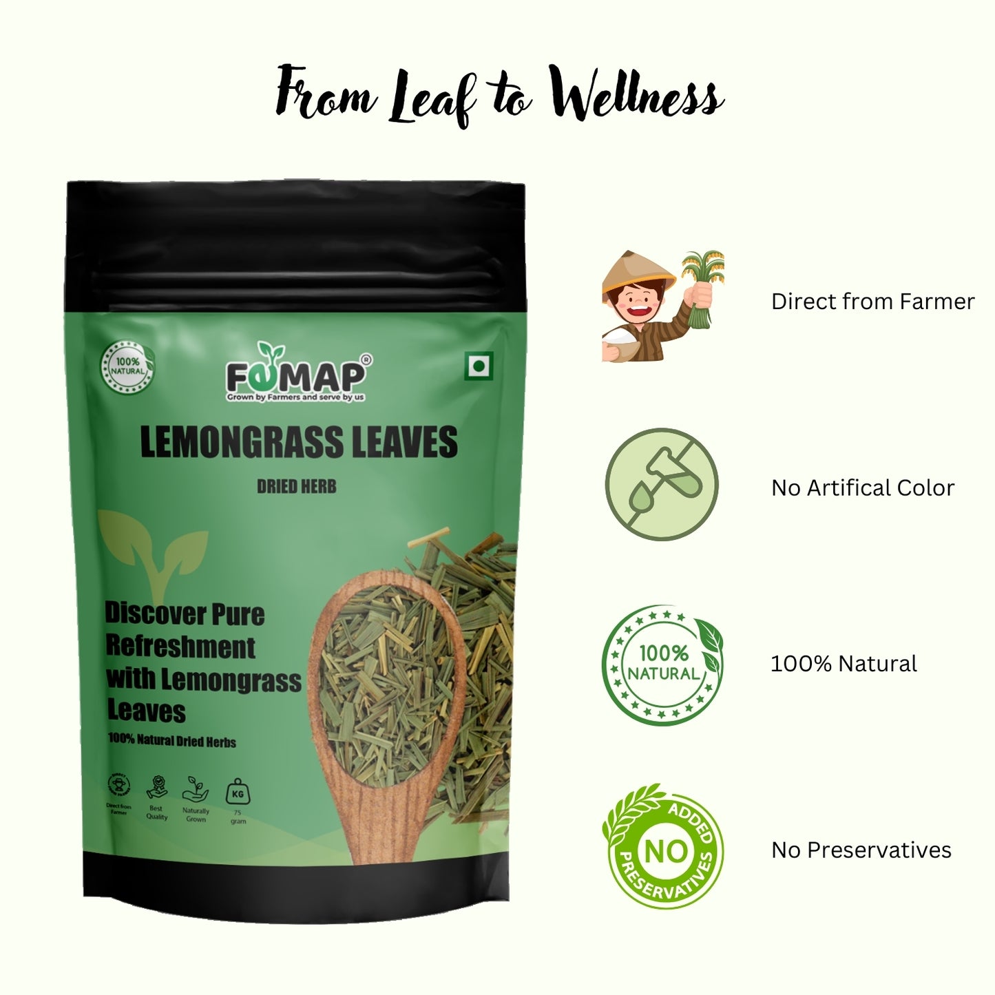 Package of FEMAP Lemongrass Leaves with branding and product details on a white background
