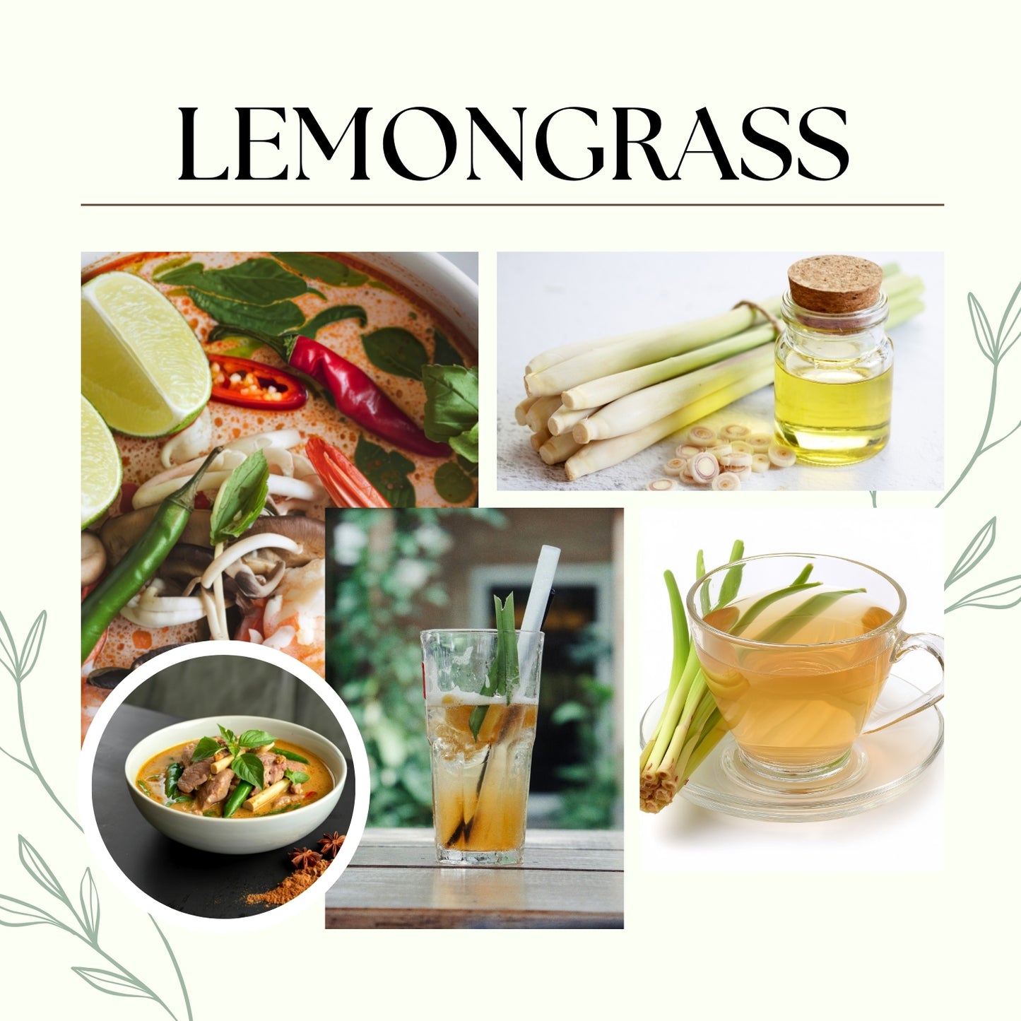 Collage of lemongrass being used in various dishes and drinks with text 'LEMONGRASS'.