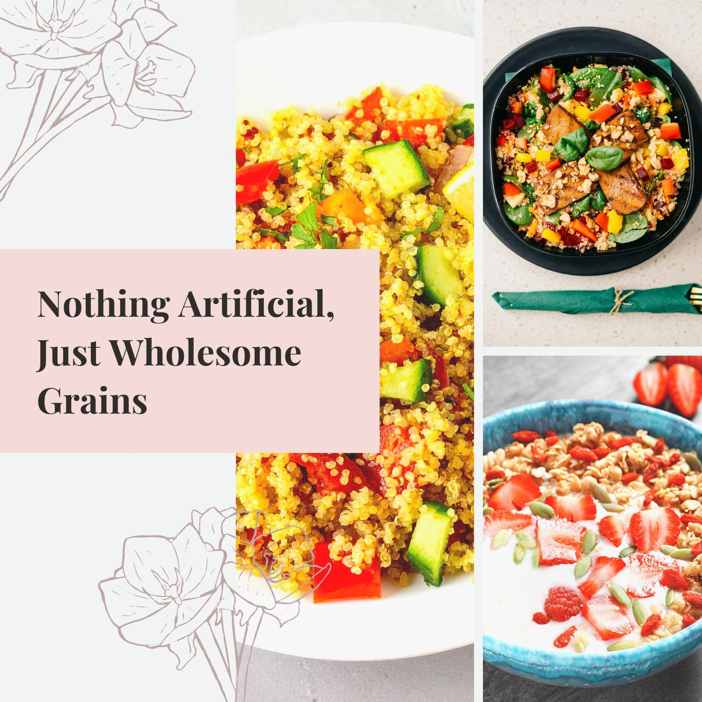 Collage of various grain dishes with a focus on wholesome ingredients.