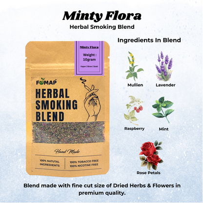 Minty Flora herbal smoking blend with mint, lavender, raspberry, mullein, and rose petals.