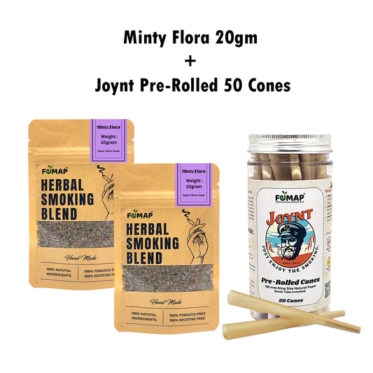 Minty Flora Herbal Smoking Blend 20gm with Joynt Pre-Rolled 50 Cones – tobacco-free and nicotine-free herbal smoking combo by Femap