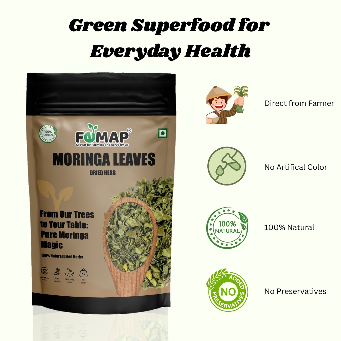 Package of FEMAP Moringa Leaves with branding and health benefits on a white background