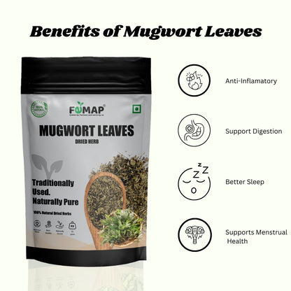 Bag of FEMAP Mugwort Leaves with benefits listed on a white background