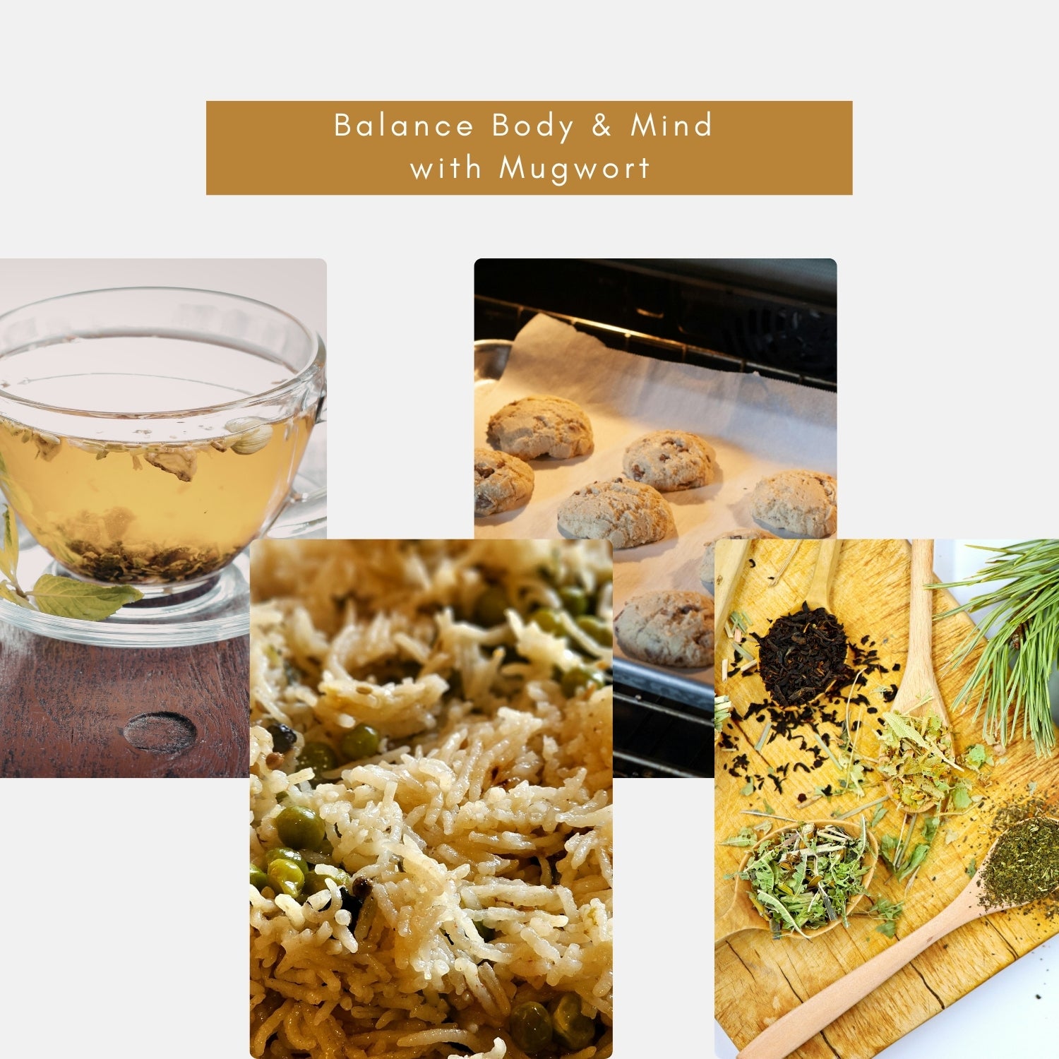 Collage of mugwort-related images including tea, cookies, and food preparation.