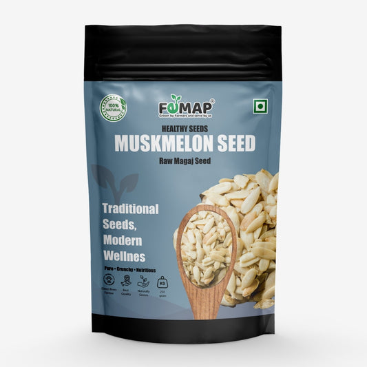 Package of FEMAP Muskmelon Seed with a spoonful of seeds on a white background