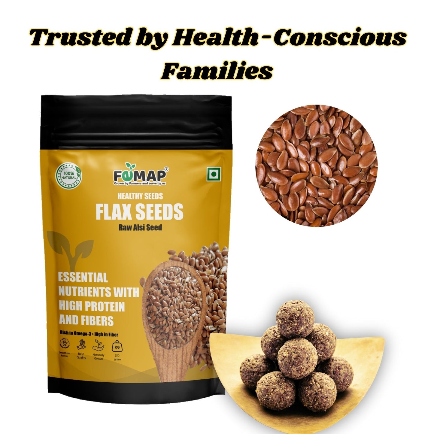 FEMAP flax seeds packaging with seeds and seed balls on a white background