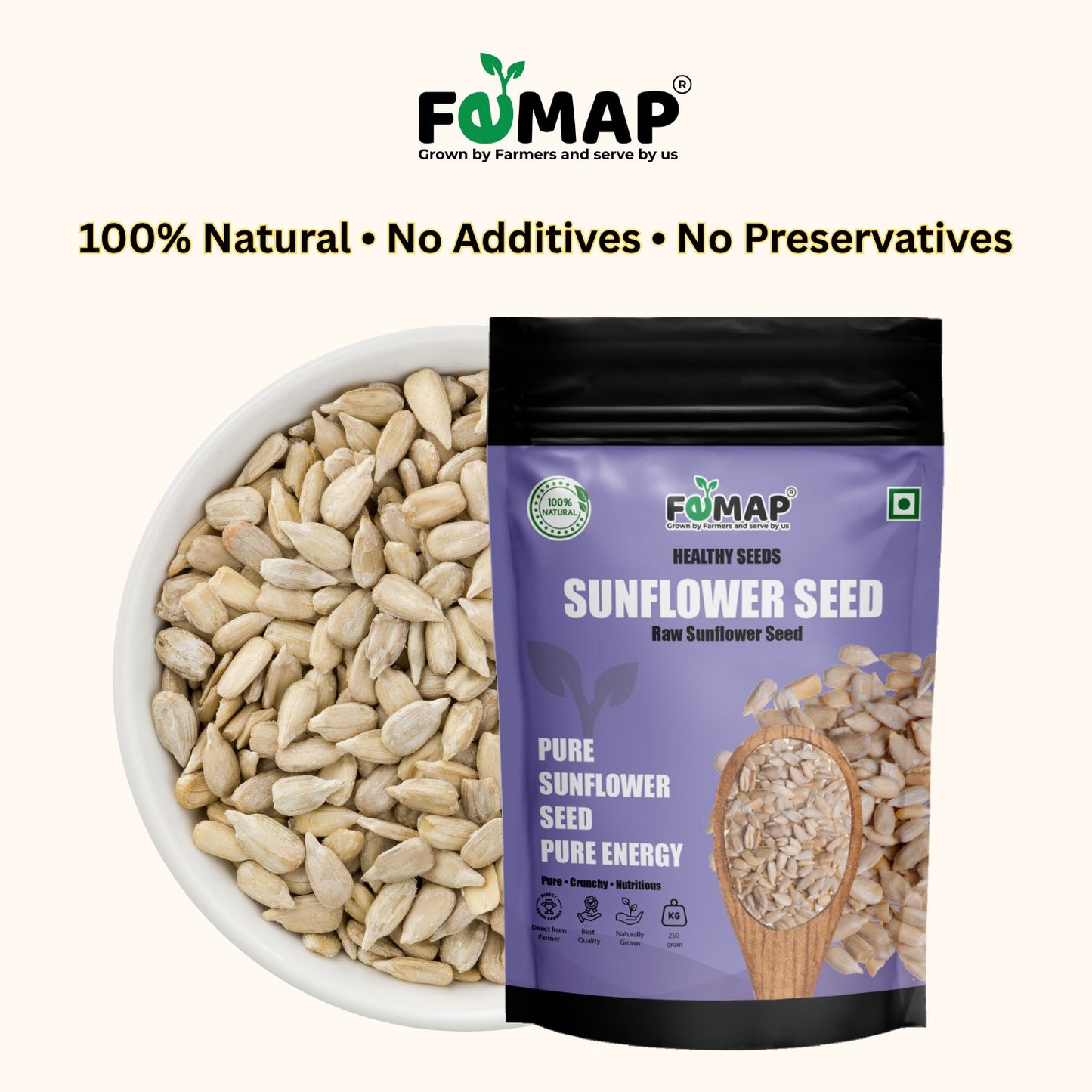 Sunflower seeds in a bowl with a FEMAP packaging on a white background