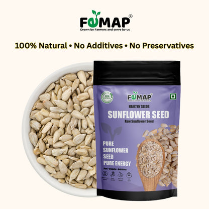 Sunflower seeds in a bowl with a FEMAP packaging on a white background