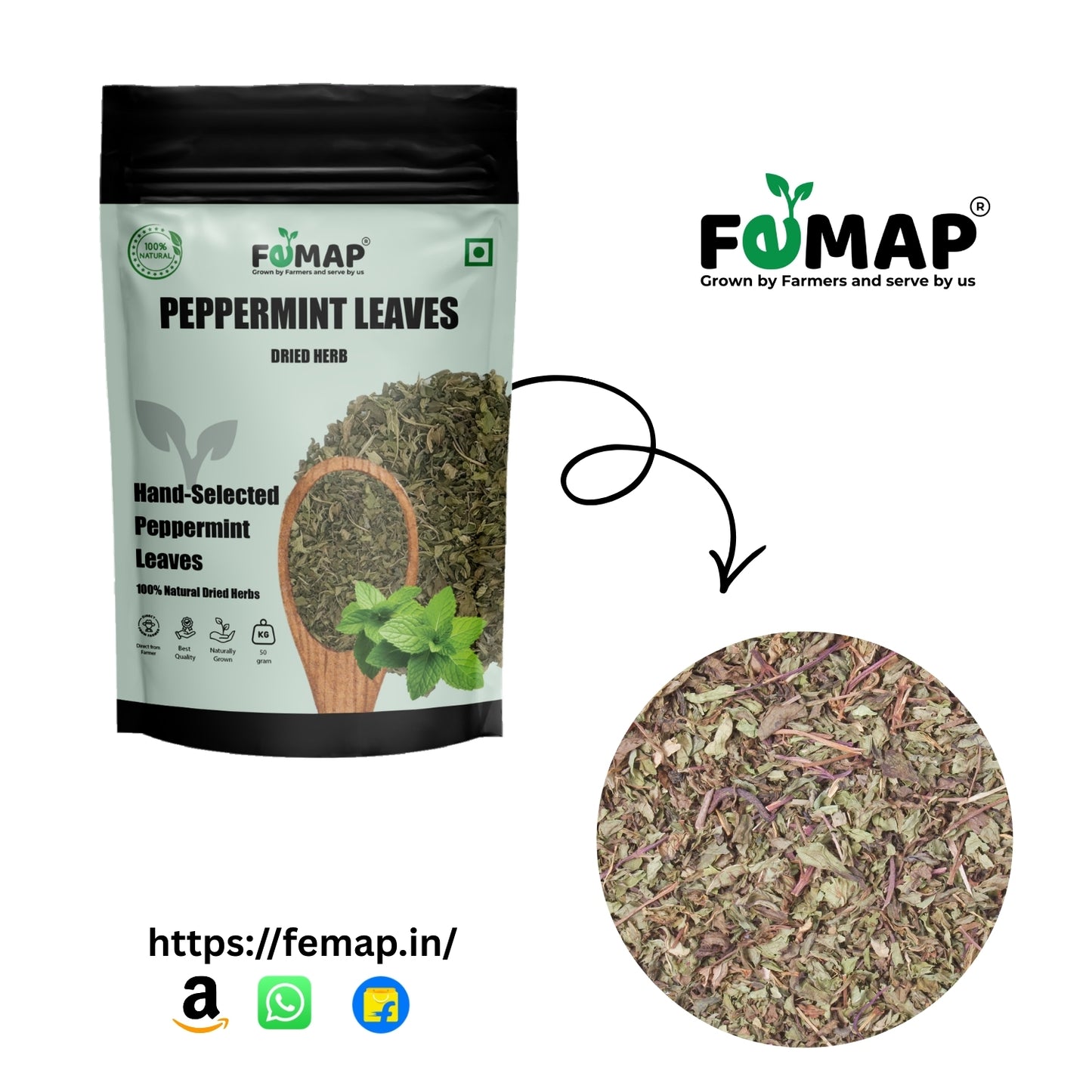 FEMAP peppermint leaves packaging with a close-up of the product on a white background