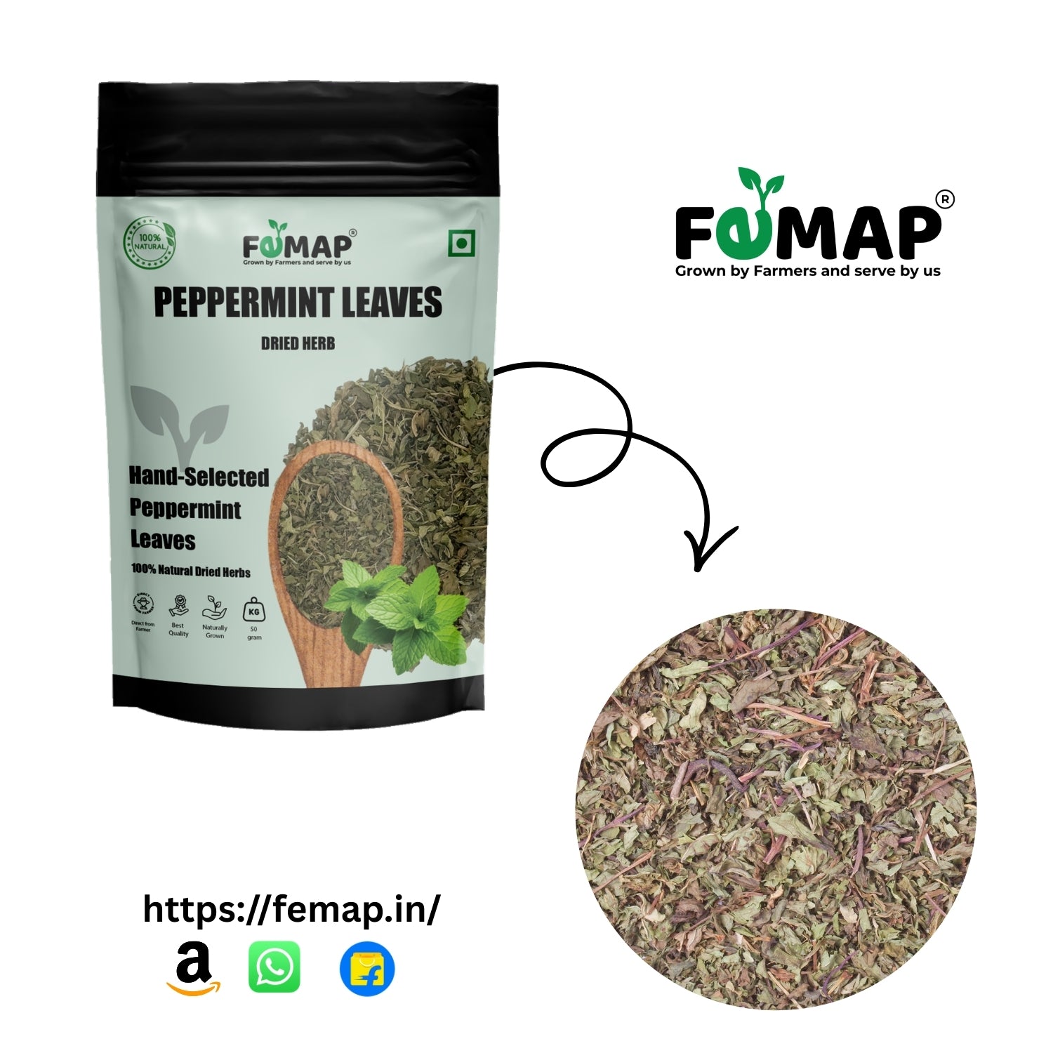 FEMAP peppermint leaves packaging with a close-up of the product on a white background