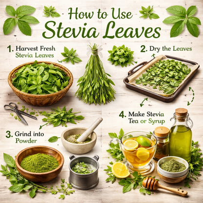 Step-by-step guide on how to use stevia leaves with illustrations of each step.