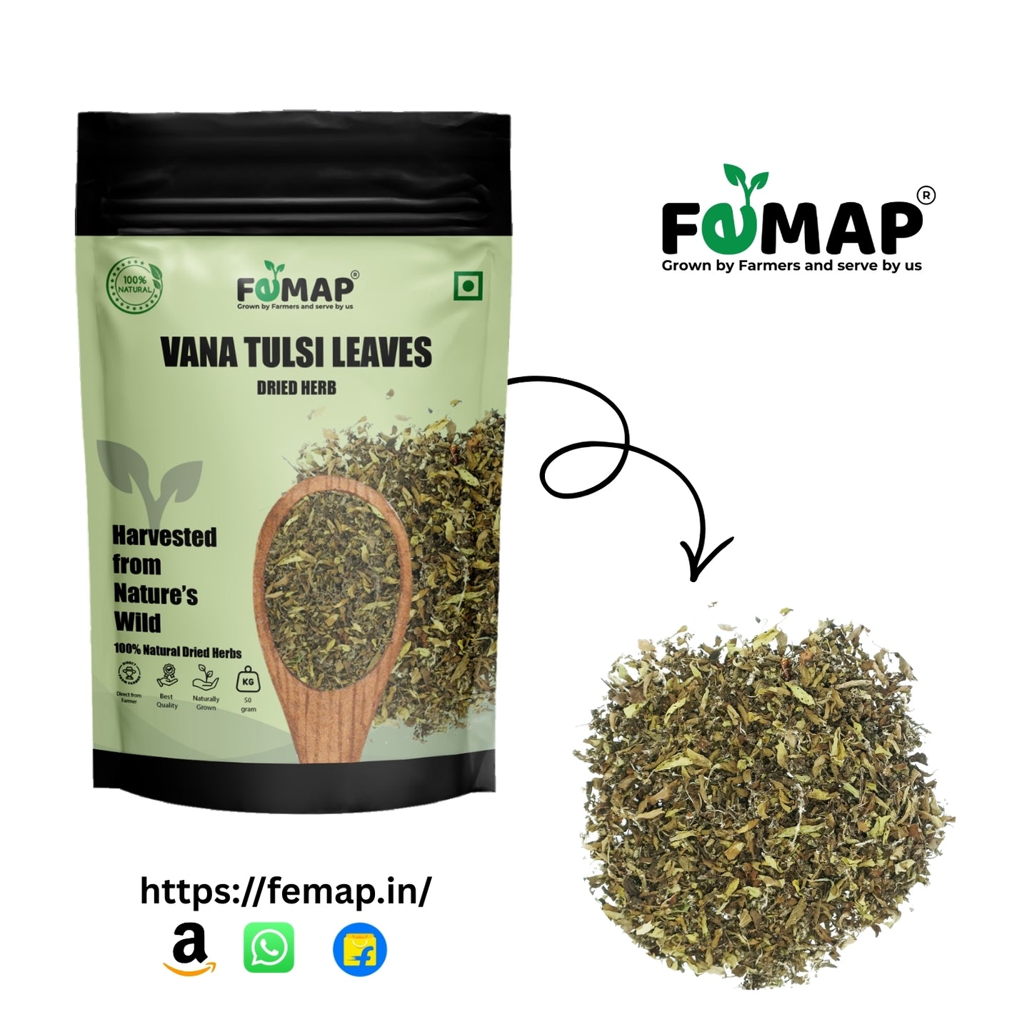 FEMAP Vana Tulsi Leaves packaging with dried leaves on a white background