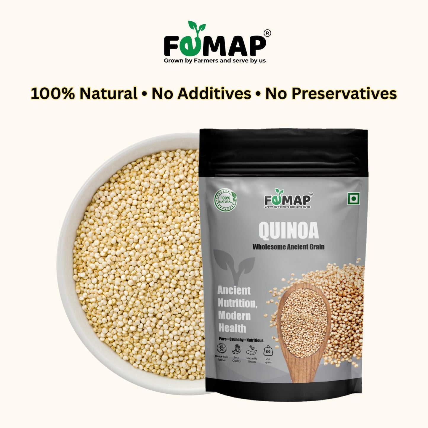 Quinoa in a bowl and packaging with FEMAP branding on a white background