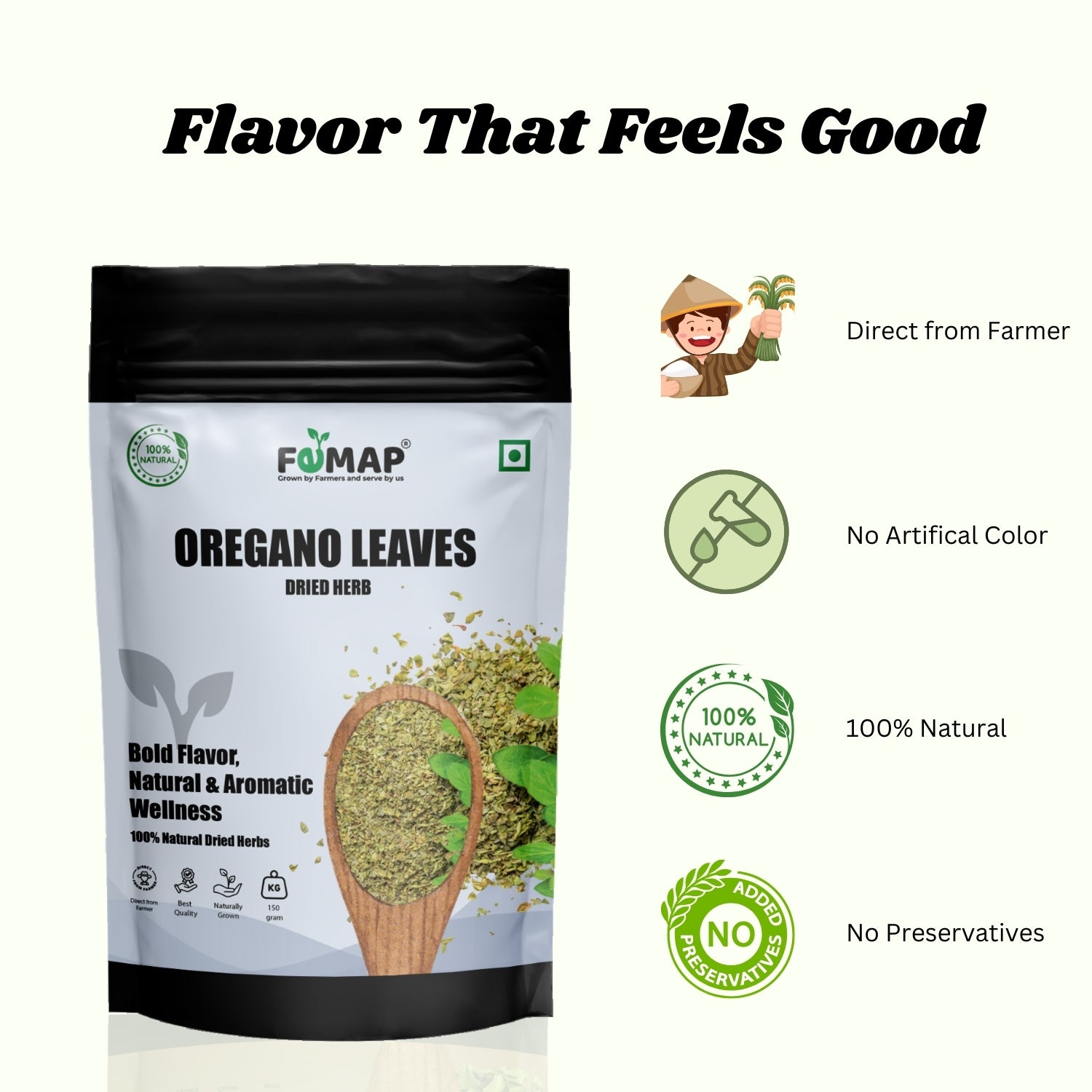 FEMAP oregano leaves packaging with branding and product details on a white background