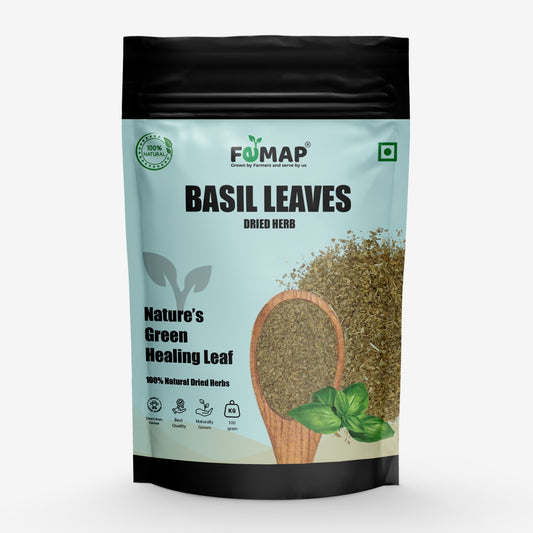 Packaging of dried basil leaves with FEMAP branding on a white background