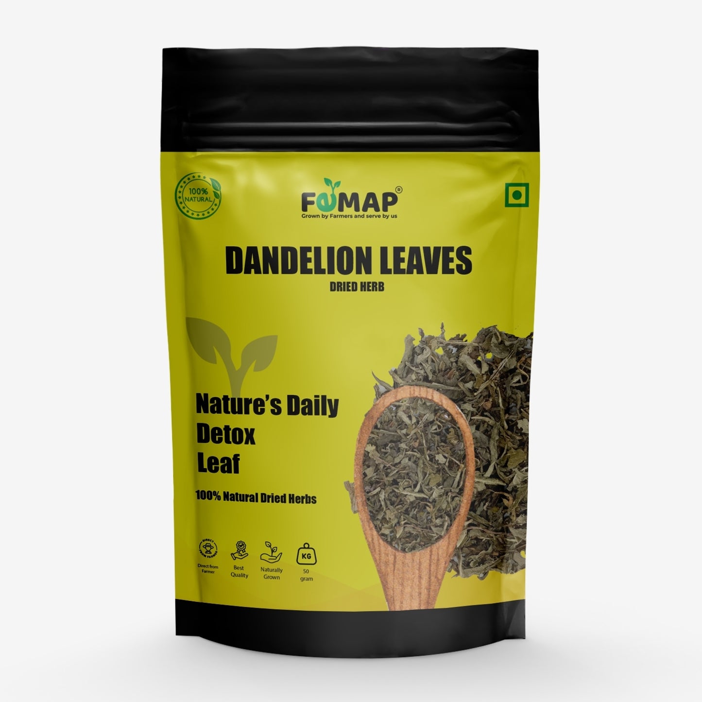 Packaging of FEMAP Dandelion Leaves with a spoonful of leaves on a white background