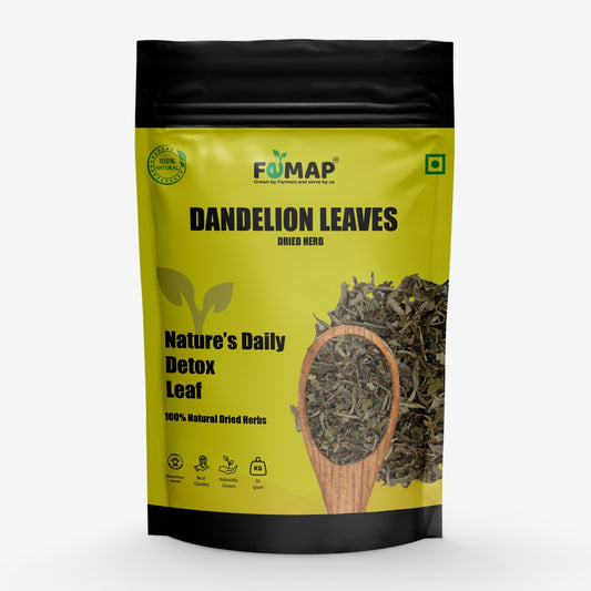 Packaging of FEMAP Dandelion Leaves with a spoonful of leaves on a white background