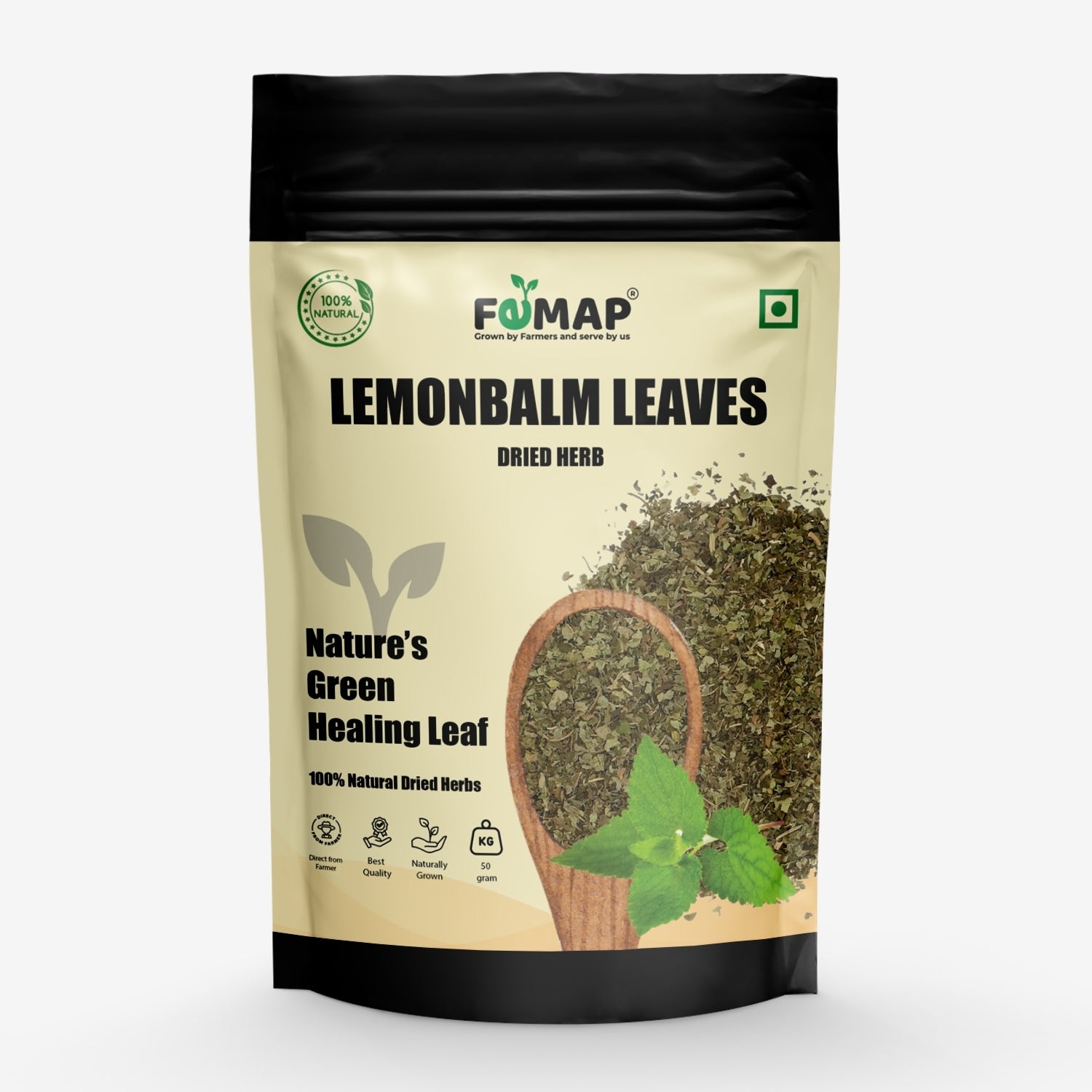 Packaging of Lemonbalm Leaves by FEMAP on a white background