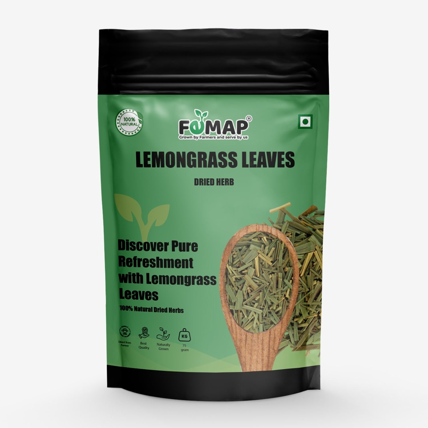 Packaging of FEMAP Lemongrass Leaves on a white background