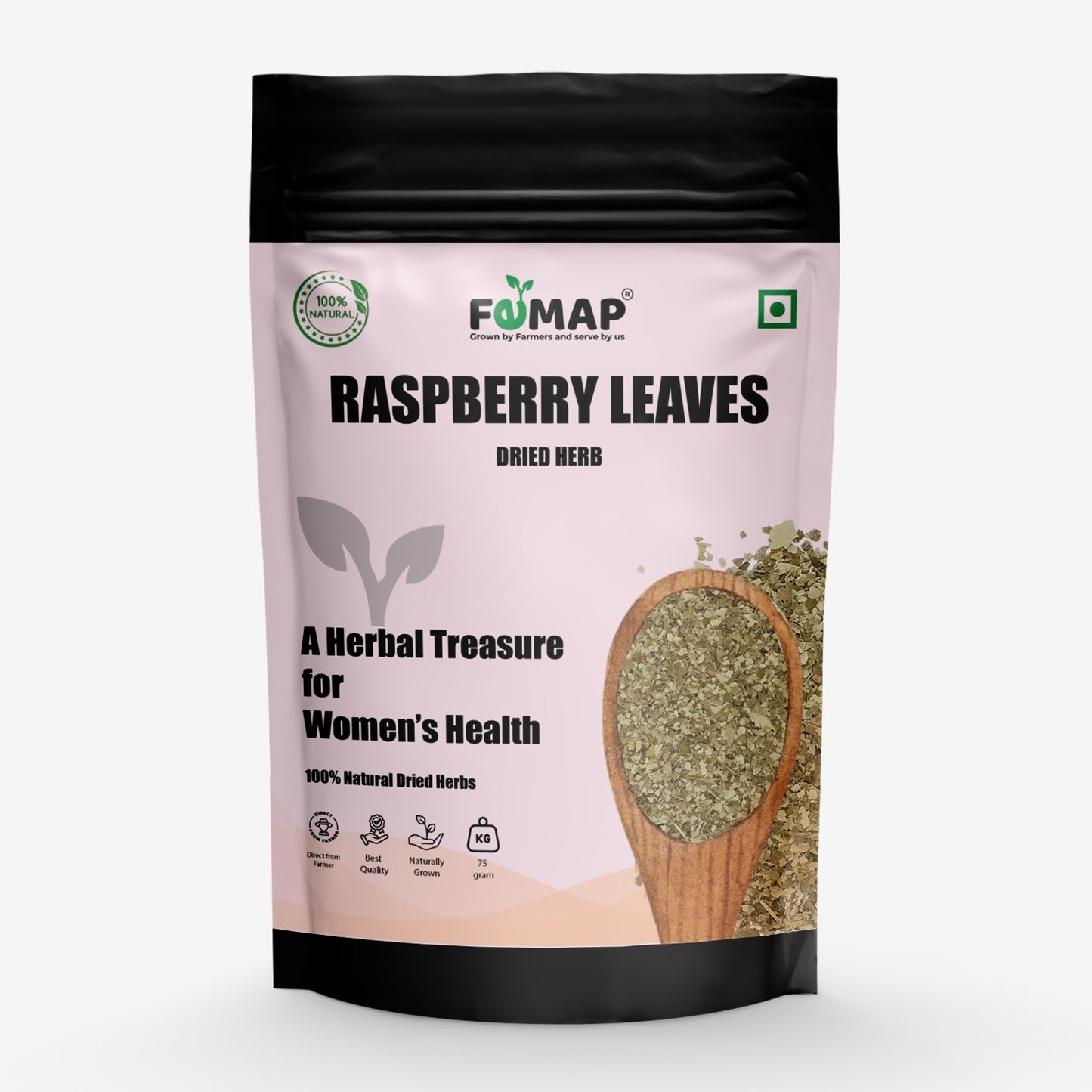 Package of FEMAP Raspberry Leaves dried herb on a white background