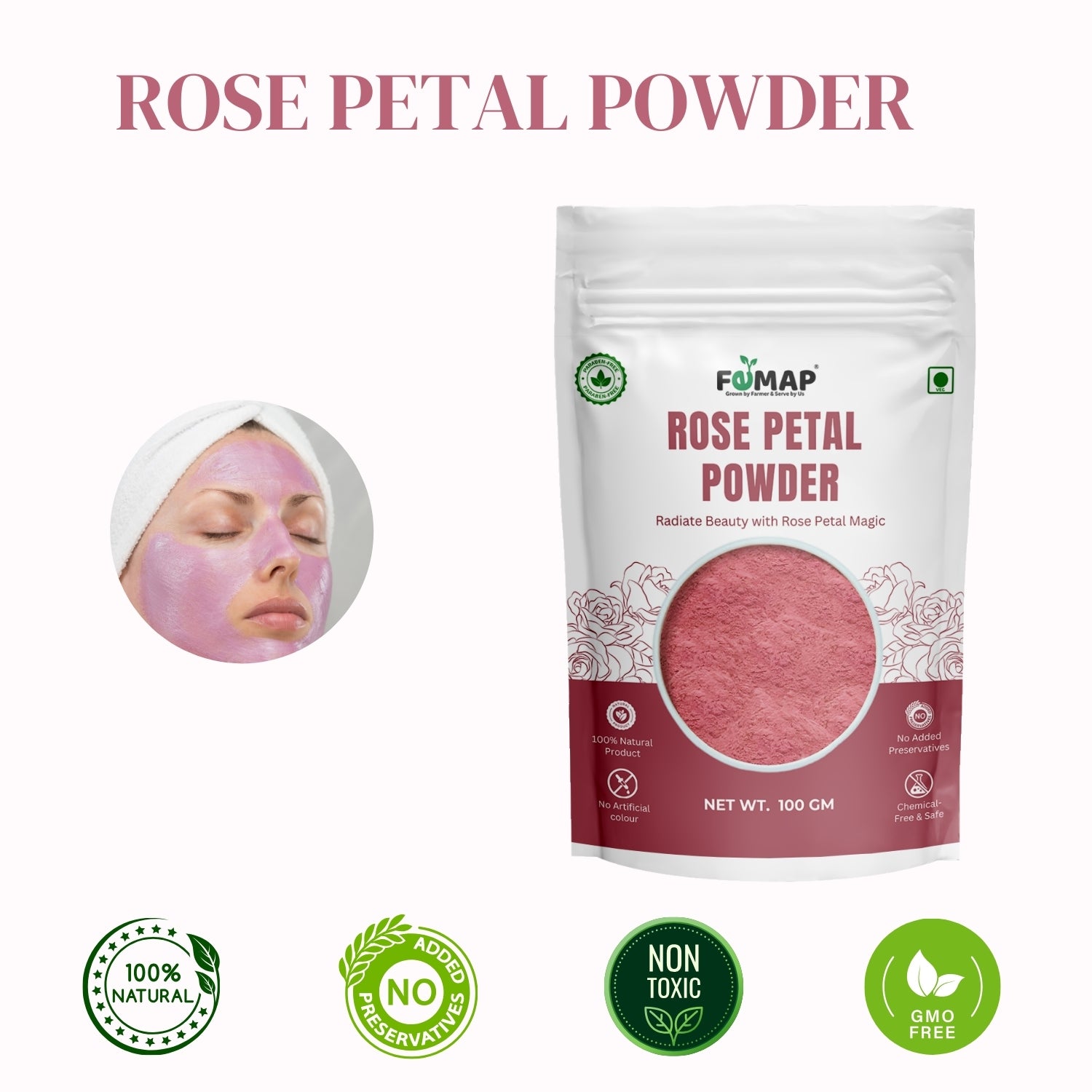 Rose petal powder close‑up showing texture and natural color, FEMAP brand