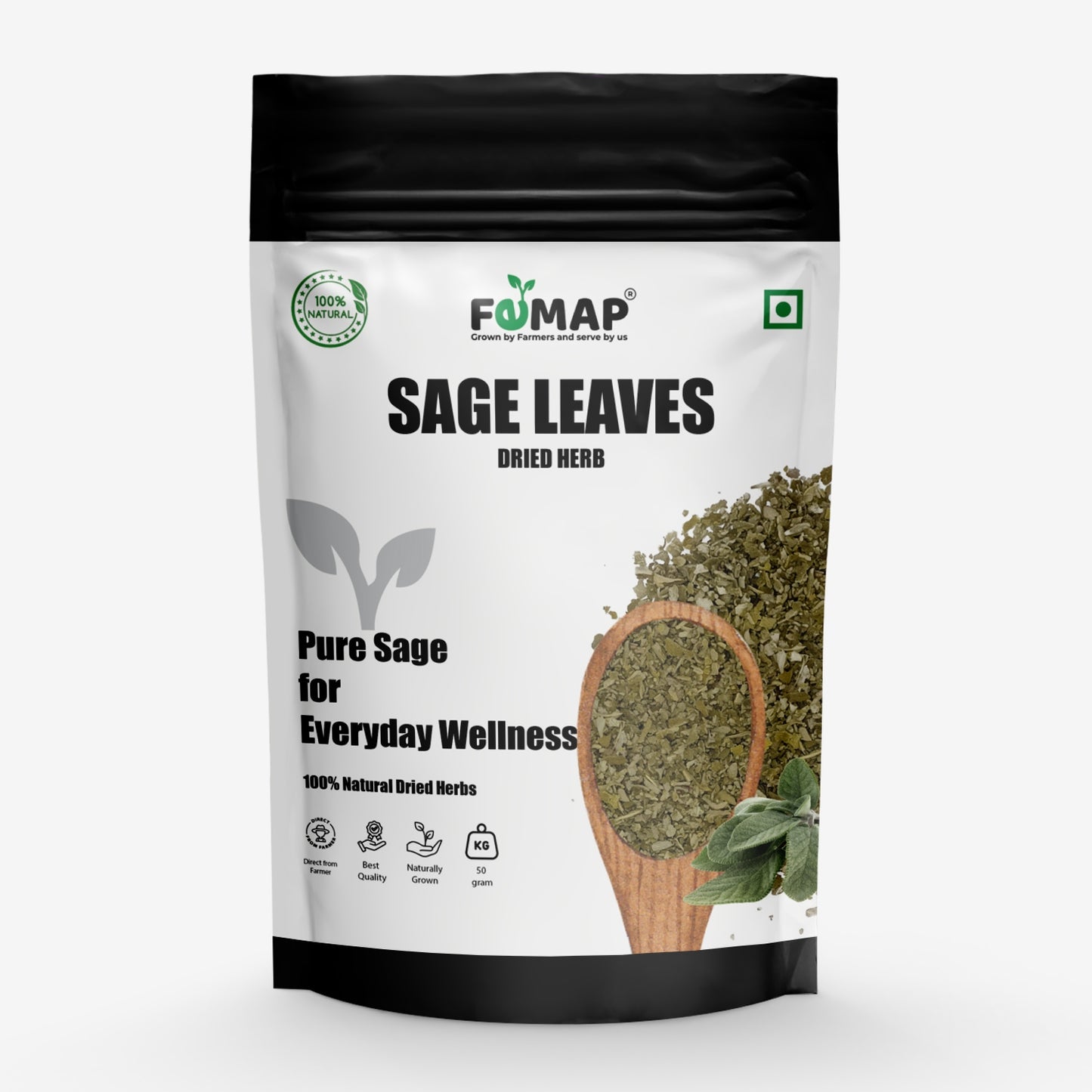 Package of dried sage leaves with FEMAP branding on a white background