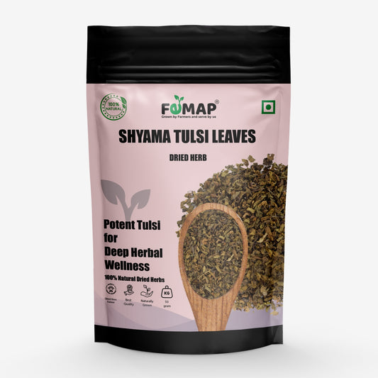 Package of Shyama Tulsi Leaves dried herb with FEMAP branding on a white background