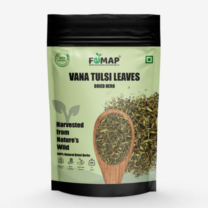 Packaging of FEMAP Vana Tulsi Leaves dried herb on a white background