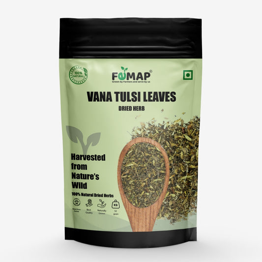 Packaging of FEMAP Vana Tulsi Leaves dried herb on a white background