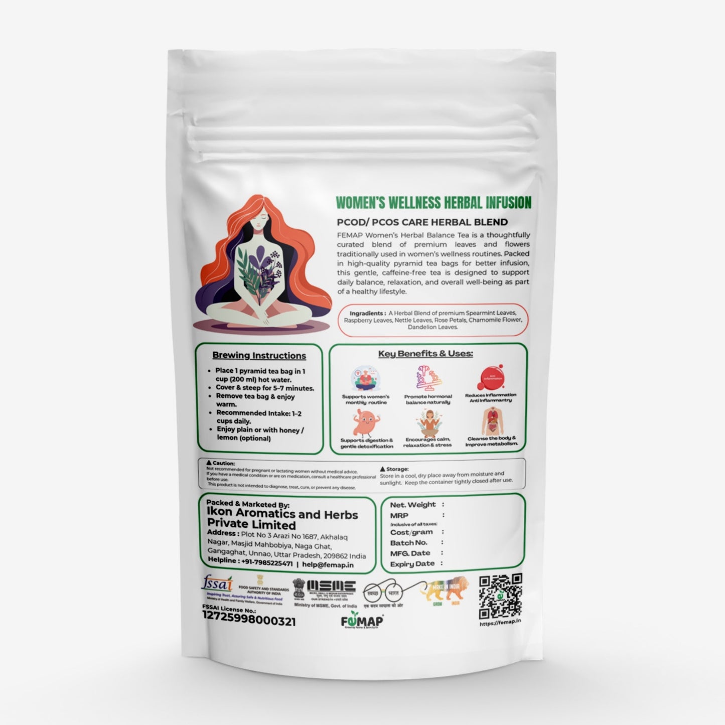 Herbal blend packaging with brewing instructions and branding on a white background