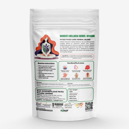 Herbal blend packaging with brewing instructions and branding on a white background