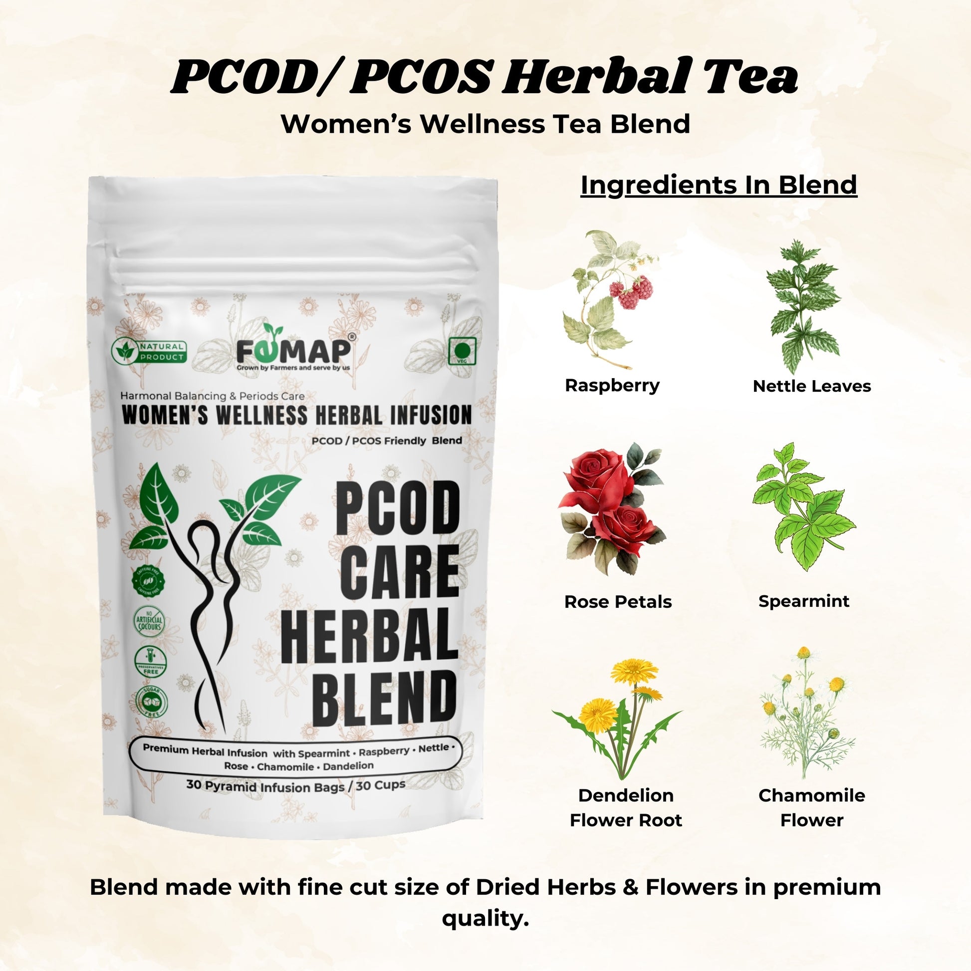 PCOD/PCOS Herbal Tea blend packaging with ingredients listed on a beige background