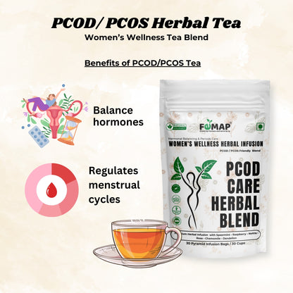 PCOD/PCOS Herbal Tea package with benefits listed on a beige background