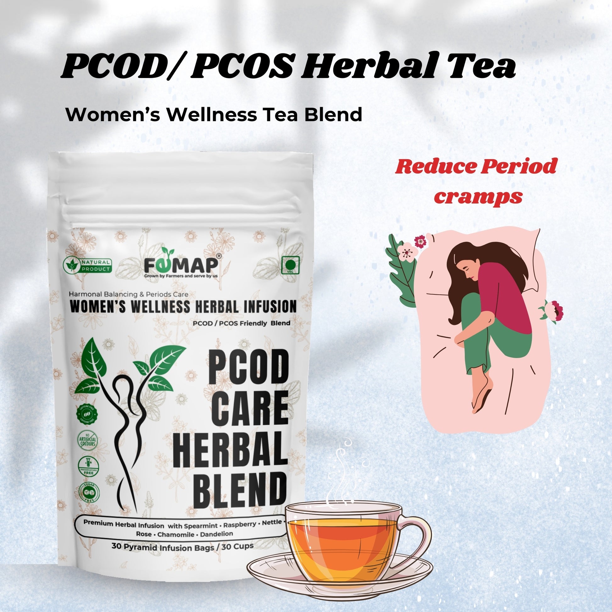 PCOD/PCOS Herbal Tea package with a cup of tea on a light background