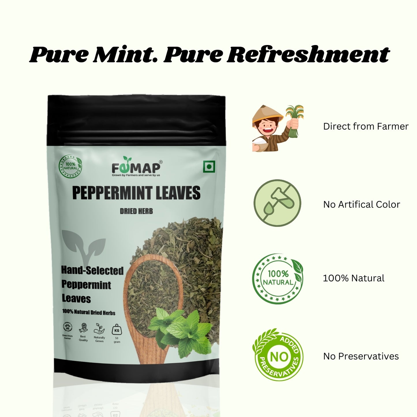 Package of FEMAP Peppermint Leaves with branding and product details on a white background